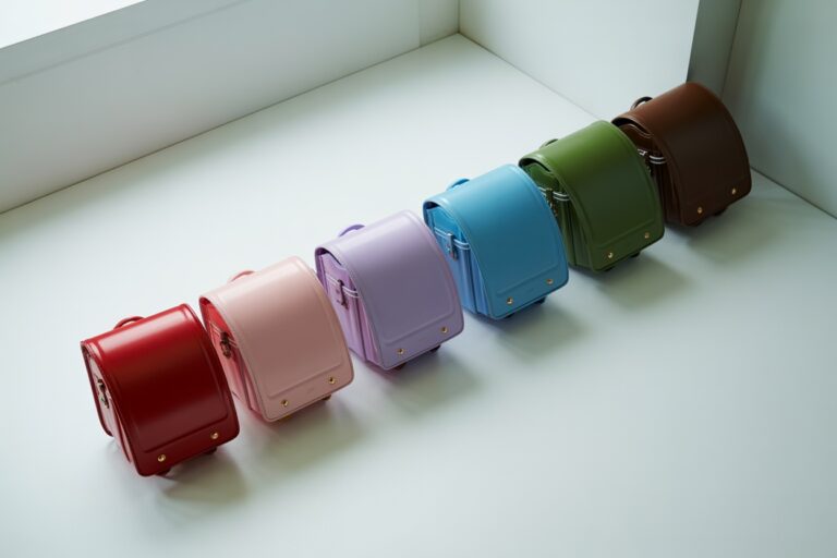 Six randoseru arc-en-ciel en flat lay sur fond blanc